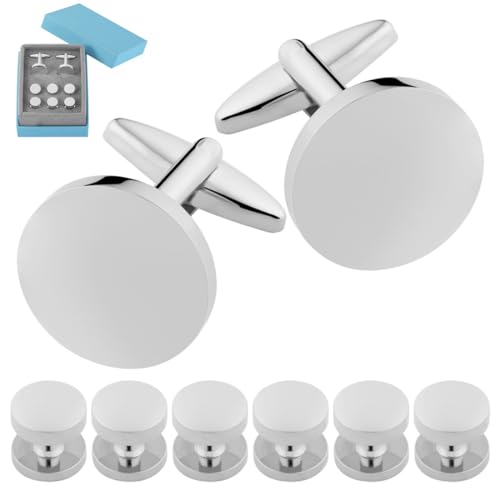 GWD Mens Cufflinks Stainless Steel Tuxedo Shirt Studs Set with Gift Box Black Cuff link Jewelry Gift Wedding Business - style: Silver