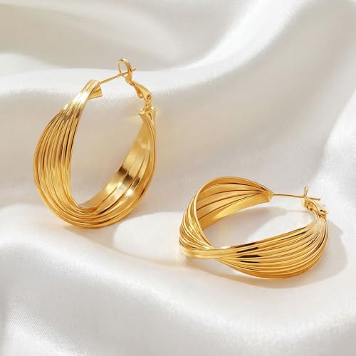 Earrings for Women, Saguine Chunky 14K Gold Plated Hoop Earrings Trendy | Chunky Earring, Big Large U-Shape Drop Twist Dangle Statement Stud Hoops Earrings, Jewelry for Women Gifts - style: Large