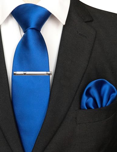 JEMYGINS Mens Solid Color Formal Necktie and Pocket Square, Tie Clip Sets - color: Blue