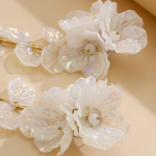 Fabric Flower Earrings for Women Colorful Long Tassel Floral Drop Earrings Fashion Boho Exaggerated Statement Beach Party Jewelry - color: acrylic white