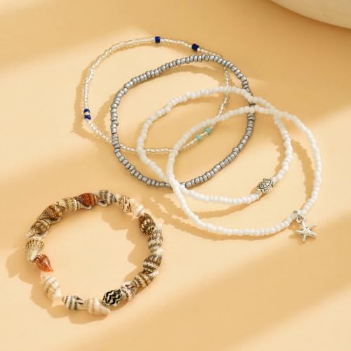 DATOA Boho Ankle Bracelets Set for Women Layered Beaded Seashell Turtle Conch Foot Chain Hawaiian Summer Beach Anklet Vacation Jewelry - color: 5Pcs White