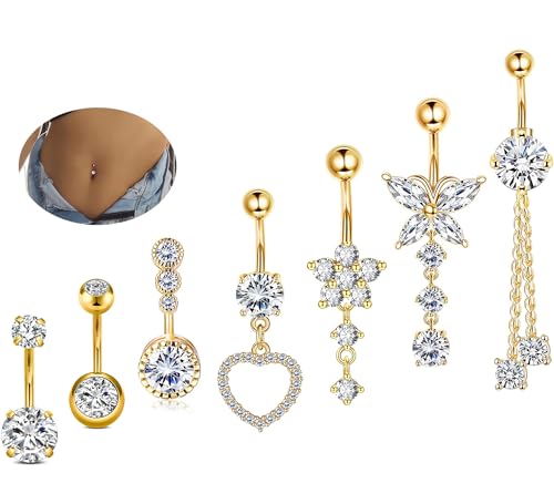 7 Pcs Gold Belly Button Ring Dangle for Women Hypoallergenic Surgical Stainless Steel Dangling Belly Rings Butterfly Heart CZ Cute Long Belly Button Piercing Dangly Navel Piercings Pack Belly Piercing Jewelry - color: gold