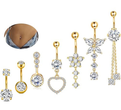 7 Pcs Gold Belly Button Ring Dangle for Women Hypoallergenic Surgical Stainless Steel Dangling Belly Rings Butterfly Heart CZ Cute Long Belly Button Piercing Dangly Navel Piercings Pack Belly Piercing Jewelry - color: gold
