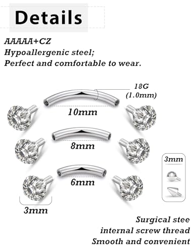 18G Internal Thread Eyebrow Piercing Jewelry Surgical Steel Curved Barbell Tiny Eyebrow Ring Vertical Labret Lip Jewelry Ear Rook Small Belly Button Ring for Women Men 6mm/8mm/10mm - color: 6/8/10mm Silver 18G Internal thread horseshoe ring