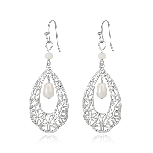 Crysdue Simulated Pearl Earrings for Women, Dainty Silver/Gold/Rose Gold Plated Cubic Zirconia Drop Dangle Earrings Wedding Jewelry for Bride Bridesmaid - style: V_CZ+Pearl, Silver