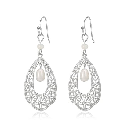 Crysdue Simulated Pearl Earrings for Women, Dainty Silver/Gold/Rose Gold Plated Cubic Zirconia Drop Dangle Earrings Wedding Jewelry for Bride Bridesmaid - style: V_CZ+Pearl, Silver