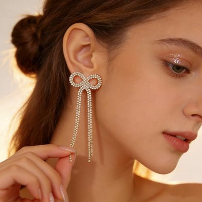 Rhinestone Earrings Dangling for Women Sparkly Silver Dangle Earrings Girls Long Chandelier Earrings Tassel Lightweight Ear Studs Cubic Zirconia (KE001S-W) - color: Bow 516286GL Gold Clear
