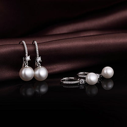 Pearl Dangle Drop Earrings for Women 925 Sterling Silver Pearl Leverback Earrings Cubic Zirconia Pearl Dangling Earrings 10MM - color: 1. white-8mm