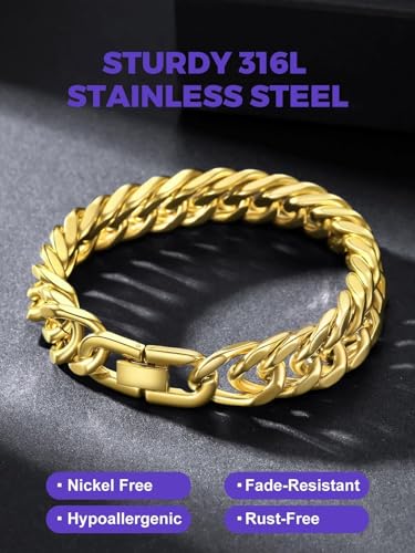 Richsteel Mens Cuban Link Bracelets, Silver/Black/14K Gold Plated Stainless Steel Bracelet for Men 8/12/17mm Width, 7.4/8.2/9 Inch Length Chain Wrist Bracelets With Gifts Box - style: 05-Gold Plated 12mm Width