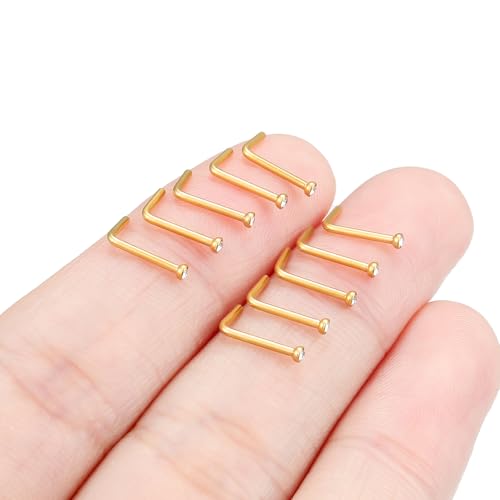 Hoeudjo Nose Studs Surgical Steel Cubic Zirconia Nose Rings Kit for Women Men Tiny Nose Stud Bone & Screw & L Shaped Nostril Piercing Jewelry 18/20/22/24 Gauge 10 Pieces - color: gold-tone,L-shaped nose studs, size: 20g/1.5mm clear CZ