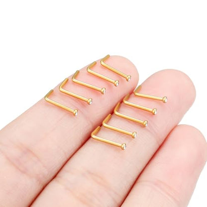 Hoeudjo Nose Studs Surgical Steel Cubic Zirconia Nose Rings Kit for Women Men Tiny Nose Stud Bone & Screw & L Shaped Nostril Piercing Jewelry 18/20/22/24 Gauge 10 Pieces - color: gold-tone,L-shaped nose studs, size: 20g/1.5mm clear CZ