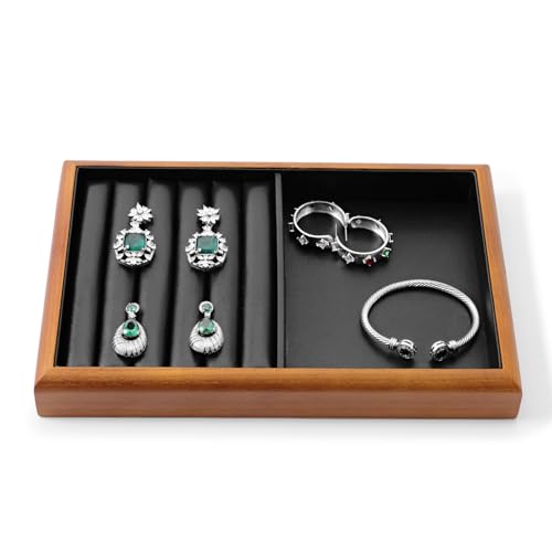 Oirlv Black Wood Jewelry Ring Display Tray | Black Solid Wood Frame, Soft Leather Lining, 9.84X17X1.18in Ring Tray, Elegant Display, Perfect for Ring Storage - color: Black, size: 5 slot