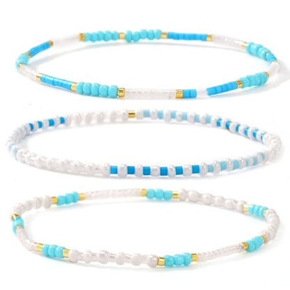 Dainty Gold Plated Tiny Ball Colorful Beaded Stack Bracelets Sets for Women,3Pcs Stackable Cute Bracelet Stretch Trendy Ball Jewelry Friendship Gift - color: light blue