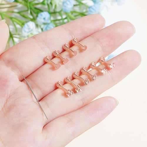 Uni-J 10pcs 20G/18G/16G Threadless Push-in Tragus Conch Cartilage Flat Back Helix Labret Monroe Lip Ring Daith Piercing Jewelry - color: 18G Rose Gold 6mm