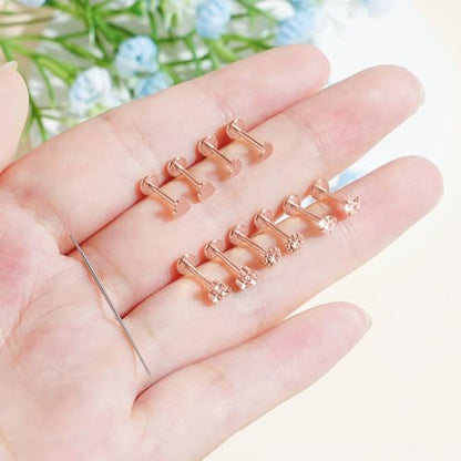 Uni-J 10pcs 20G/18G/16G Threadless Push-in Tragus Conch Cartilage Flat Back Helix Labret Monroe Lip Ring Daith Piercing Jewelry - color: 18G Rose Gold 6mm
