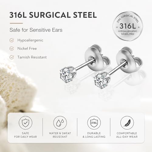 316L Stainless Steel Stud Set for Women Men, 20G Hypoallergenic Cartilage Jewelry with 2mm–8mm CZ Zirconia, Silver & Gold for Sensitive Ear Piercing - color: Silver
