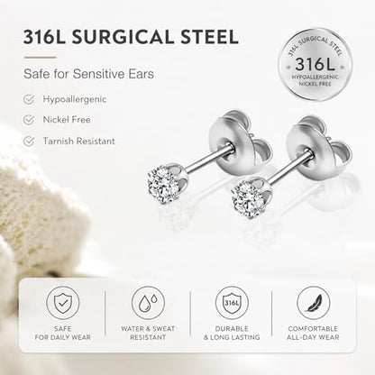 316L Stainless Steel Stud Set for Women Men, 20G Hypoallergenic Cartilage Jewelry with 2mm–8mm CZ Zirconia, Silver & Gold for Sensitive Ear Piercing - color: Silver