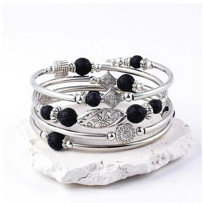 Boho Wrap Beaded Bracelet for Women – Handmade Natural Stone Jewelry – Stainless Steel Adjustable Ethnic Chic Gift - color: Volcano Rock