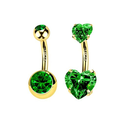 2pcs 14k Gold Filled Belly Button Rings, 14G 8mm/10mm/12mm Threaded Barbell Belly Button Piercing, Navel Ring Piercing Jewelry - color: 14K GF-2pcs-Green Heart CZ-10mm