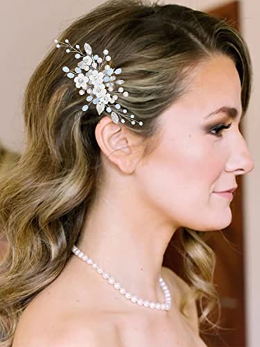 Flower Wedding Hair Clip Silver Pearl Bridal Hair Barrettes Rhinestones Hair Piece for Women and Brides