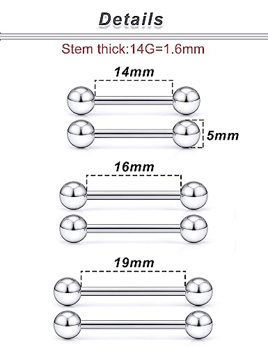 14G Nipple Piercing Jewelry Tongue Rings Surgical Steel Silver Tongue Nipple Barbell Bar Piercing Jewelry for Women 14mm 16mm 19mm - color: A:Silver Tone