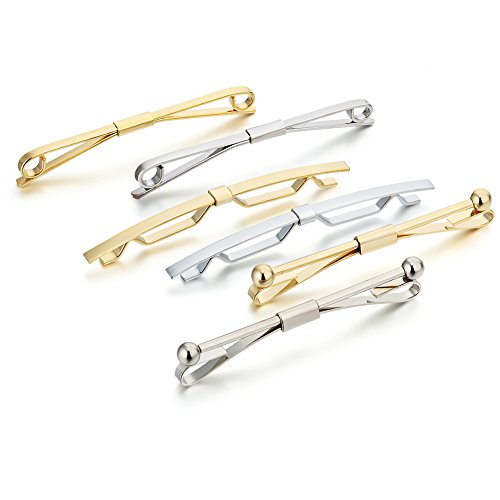 AnotherKiss 6-Pack Tie Collar Bar Pins for Men, Gold Silver Tone | Six gold and silver tone collar bar pins lift the tie knot and add polished style for business, weddings and formal outfits.