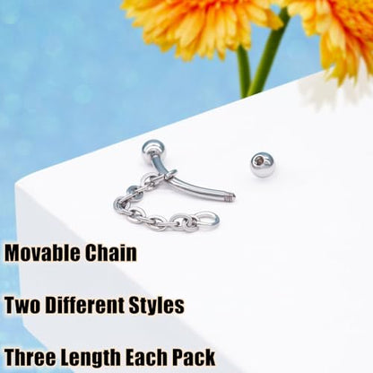 3 Pcs 316L Stainless Steel 16G Tragus Helix Rook Piercing Jewelry with Chain, Cartilage Earrings for Women, Belly Button Ring Vertical Labret Lip Piercing Jewelry - color: Silver, size: Ball