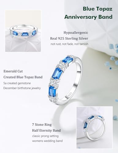 3.5mm Half Eternity Band Sterling Silver Rings for Women Sapphire/Ruby/Emerald and Cz Wedding Bands 7 Stone Stackable Birthstone Ring Anniversary Jewelry Size 6-10 - color: 12-Blue Topaz-Dec.