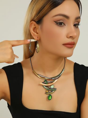 Chunky Statement Jewelry Set Vintage Retro Leaf Flower Floral Geometric Bohemian Boho Bib Necklace Earring Set Fashion Costume Jewelry for Women Girls Wedding Party Prom Unique Gift - style: Multilayer oval crystal JS black green