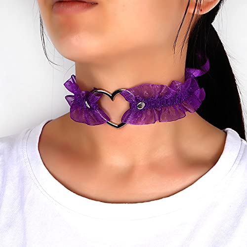 Eigso Velvet Gothic Garter for Women Heart Leg Ring with Rivets Elastic Lace Bracelets Choker Set - color: Purple