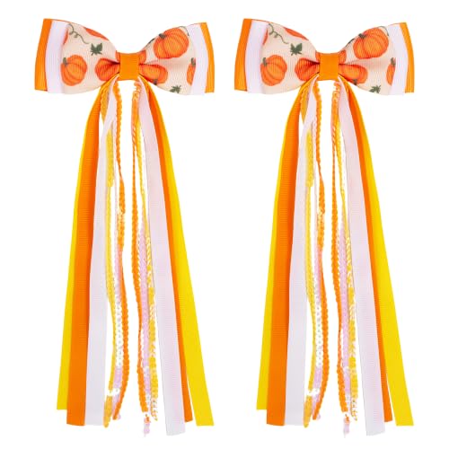 2PCS Fall Hair Bows with Long Streamers 3.54 Inch Hair Clips | Handmade Grosgrain Ribbon, Sparkling Sequin, 7.1 Inch Tail, for Ponytails, Thanksgiving Halloween Holiday Hair Accessories - color: Pumpkin