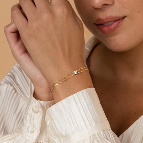 SLOONG 14K Gold Plated Pearl Bracelets for Women Trendy | Dainty Stackable Layered Chain Bridesmaid Bracelets, Waterproof Wedding Jewelry for Women Adjustable 6"+2" - color: Style5(CZ)