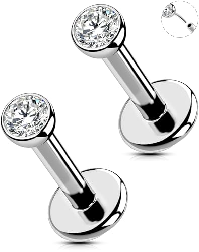 OUFER 2Pcs 20G/18G/16G G23 Titanium Threadless Nose Stud Earrings Flat Back Tiny CZ Small Nose Helix Cartilage Tragus Conch Labret Medusa Monroe Piercing Jewelry for Women Men - color: Silver, size: 2pcs, 16g 6.5mm, 2.5mm cz