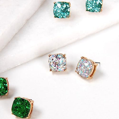 Large Square Stud Earrings for Women - Big Sparkly Rhinestone Studs | Plated in Gold Tone or Silver Tone, Hypoallergenic and Safe for Sensitive Ears - color: Iridescent Glitter