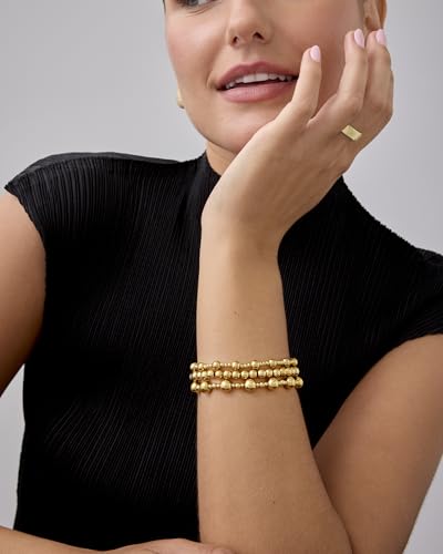 PAVOI 14K Gold Plated Beaded Bracelet Pack for Women | Stainless Steel 3-Piece Stretchy Bracelet Set | Waterproof Ball Trio - color: Yellow Gold, size: 7, style: Irregular