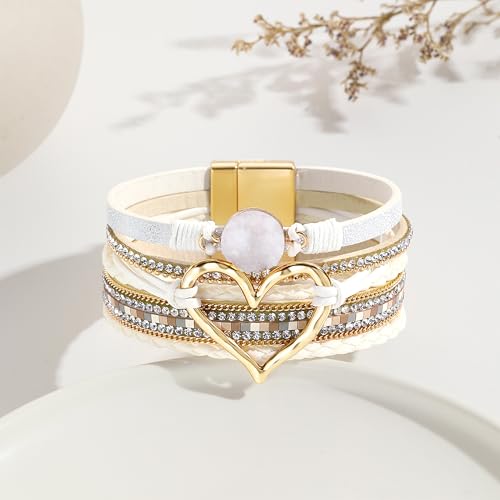 VIBILIA Boho Leather Wrap Bracelets for Women Multi-Layer Bracelets | With Strong Clasp Jewelry for Women - color: 01-Heart-White