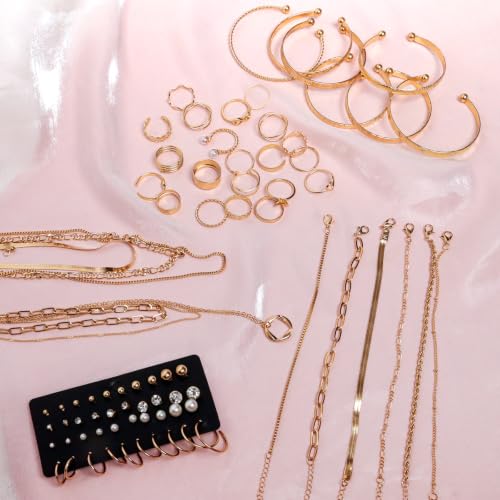 Gold/Silver Jewelry Set for Women Layered Bracelets Ball Dangle Hoop Earrings Stackable Knuckle Rings Set Dainty Adjustable Necklaces Valentine Anniversary Trendy Party Costume Accessories Jewelry - style: Unique