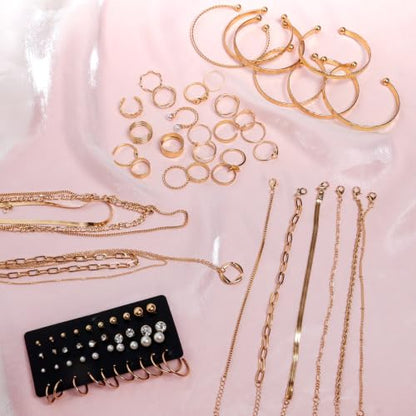 Gold/Silver Jewelry Set for Women Layered Bracelets Ball Dangle Hoop Earrings Stackable Knuckle Rings Set Dainty Adjustable Necklaces Valentine Anniversary Trendy Party Costume Accessories Jewelry - style: Unique