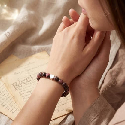 Bivei Crystal Stretch 6mm Bracelets for Women | Handmade Natural Stone Beaded Stretch Bracelet, Stainless Steel Heart Bead, Tranquility Yoga Gift Jewelry for Women - color: Rhodonite - Healing