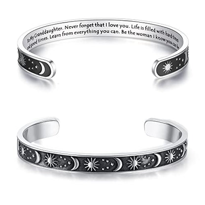 TONY & SANDY Inspirational Bracelets for Women Teen Girls Personalized Gifts for Daughter Granddaughter Mom Sister Friends Stainless Steel Engraved Cuff Birthday Easter Christmas - style: A - Granddaughter Gifts - Sun & Moon - Never forget that I love you