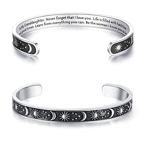 TONY & SANDY Inspirational Bracelets for Women Teen Girls Personalized Gifts for Daughter Granddaughter Mom Sister Friends Stainless Steel Engraved Cuff Birthday Easter Christmas - style: A - Granddaughter Gifts - Sun & Moon - Never forget that I love you