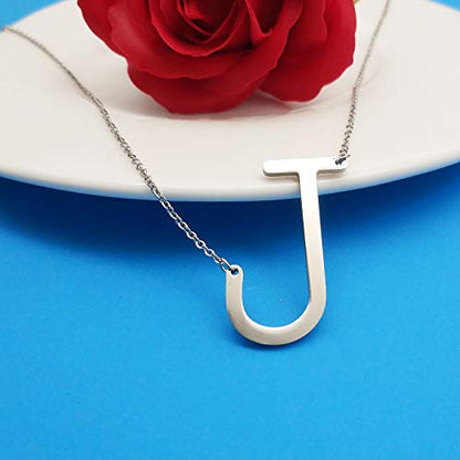 MOMOL Sideways Initial Necklace 18K Gold Plated Stainless Steel Large Big Letters Pendant Necklace Script Name Monogram Necklaces for Women - color: J
