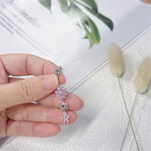 5Pcs 14G Dangle Belly Button Rings, Pink CZ Crystal Bow Heart Charm Drop Navel Piercing Barbell Studs Curved Belly Ring Summer Body Piercings Jewelry