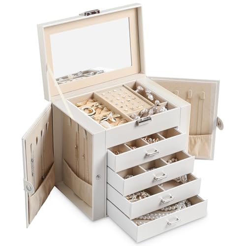Frebeauty 5-Layer Jewelry Box for Women,Jewelry Organizer with 4 Drawers | Faux Leather,Built-in Mirror,Spacious Jewelry Storage,16 Necklace Hooks,Organizing by Category for Rings Earrings Bracelet - color: Pearl White, size: Medium