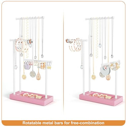 SRIWATANA Pink & White Extra Tall Necklace Holder, Jewelry Display Stand | Sturdy Tall Jewelry Organizer; Chic necklace organizer to Display Long Necklaces, Pendants, Chains Without Tangling - color: Pink & White