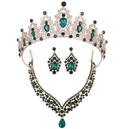 Kamirola Bridal Wedding Tiara Crown Jewelry Set for Women/Brides/Bridesmaids Crystal Jewelry Set for Wedding Prom Party Bridal Crystal Necklace Earrings Bracelet Set(TR60) - color: Gold Green