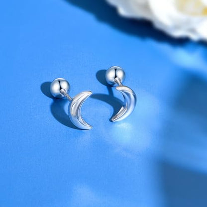 JSGEMSLEE Hypoallergenic 925 Sterling Silver Stud Earrings for Women With Screw Back Small Butterfly Heart Flower Earrings for Girls Tragus Cartilage Jewelry Gifts - color: moon
