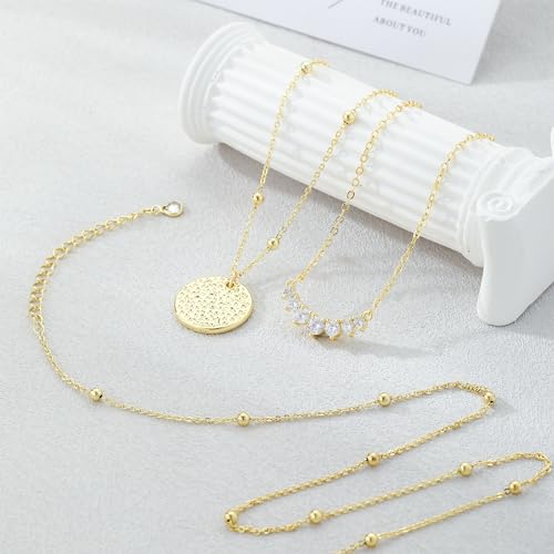 Layered Gold Silver Necklaces for Women, Stackable Stack 14K Real Gold Plated Silver Chain Necklace Diamond Circle CZ Layering Pendant Necklaces Trendy Gold Jewelry Set Gifts - color: gold, style: 3PC-CZ