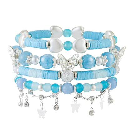 Besydec Stackable Boho Beaded Bracelets With Natural Stone & Pearl Heart & Clay Beads for Women,Adjustable Silver Jewelry - color: Blue