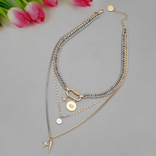 Gold Layered Necklaces for Women,Tone Mixed Metal Chunky Necklace | Paperclip Chain Silver Coin Pendant,Trendy Statement Jewelry Gift